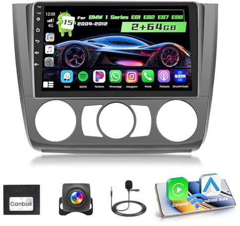 Hikity 2G+64G Android 15 Autoradio für BMW 1 Series E81 E82 E87 E88 2004-2012 mit Wireless Carplay Android Auto, 9-Zoll Touchscreen Navi GPS WiFi Bluetooth RDS/FM MirrorLink+Rückfahrkamera+MIC
