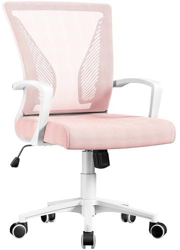 Yaheetech Silla de Oficina con Ruedas Regulable en Altura Múlti Color de Malla con Función de Mecedora Silla Escritorio para Despacho Rosa
