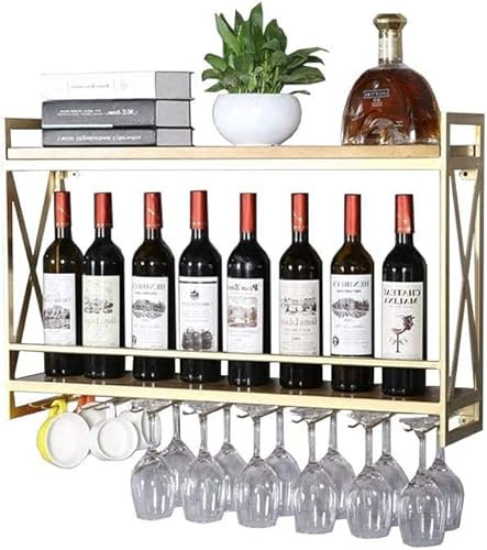 Élégant casier à vin flottant pour bouteilles et verres - Support mural pour rouge, blanc et champagne - Finition dorée élégante (80 x 20 x 52 cm) - Solution de rangement parfaite pour le vin
