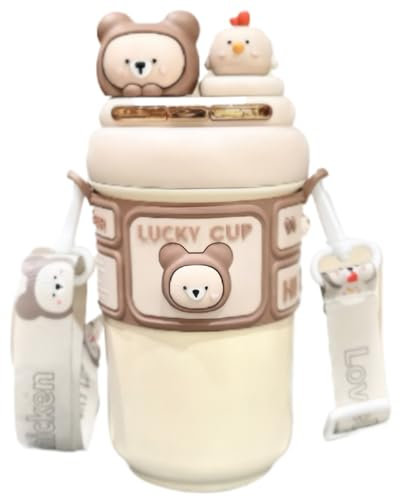 Cndiyald Kawaii Water Bottle, 19oz Stainless Steel Insulation Bottle with Straw & Adjustable Strap, Cute Rabbit Water Bottles Begie, kawaii
