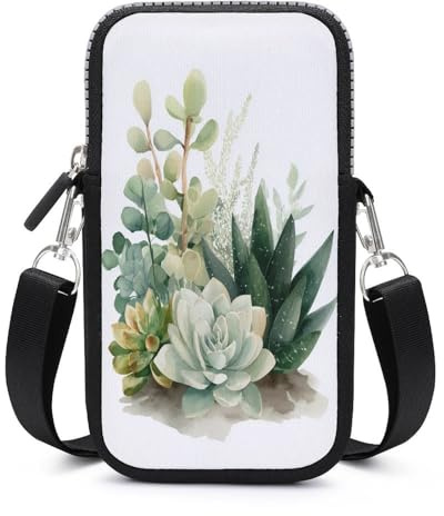 Jubonexis Handytasche, Smartphone-Tasche mit verstellbarem Riemen, Motiv: wenige Sukkulenten, weiches Grün, Aquarell