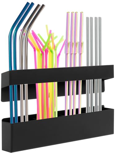 Strohhalm Organizer Kohlenstoffstahl Strohhalm Aufbewahrungsbox Höhenverstellbar, Magnetisch, Wiederverwendbar, Gitterdesign, Kein Stanzen Erforderlich Straw Holder für Schränke, Küche (Schwarz)