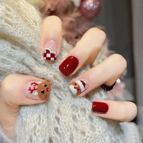 Viugex 24 chiodi natalizi da incollare, quadrati, rossi, francesi, con motivo a renna e a quadri, riutilizzabili, in acrilico, per donne e ragazze