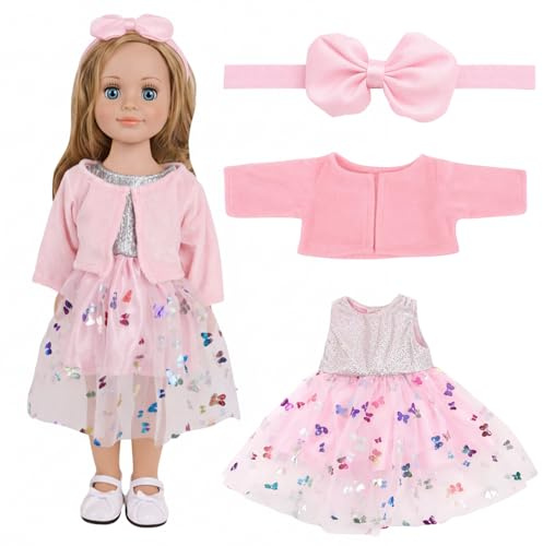 3 Stück Puppenkleidung 43 cm Set, Rosa Mädchen Puppenkleidung, Puppenkleider Inklusive Mantel Kleid und Stirnband, Puppen Kleider für 16-18 Zoll Baby Puppe Geschenk Kinder