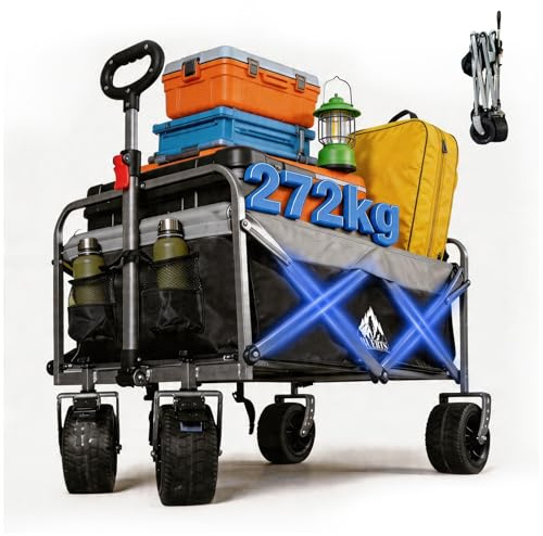 BUERTS Bollerwagen Faltbar – Tragkraft 272 kg, mit Bremsen, Getränkehalter, Verstellbarem Griff, All Terrain Rädern für Camping Outdoor Shopping, 600D Oxford-Gewebe. (Schwarz-EU)
