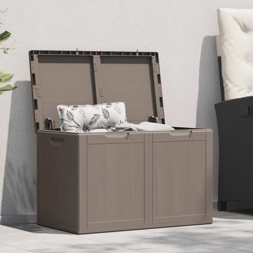 Vanitopaz Garten-Aufbewahrungsbox 180 L Braun PP-Holzoptik, wetterfest wasserdicht mit Sitzfunktion, stapelbare Kissenbox für Balkon Terrasse Outdoor, platzsparend Stauraum für Polster Geräte Werkzeug
