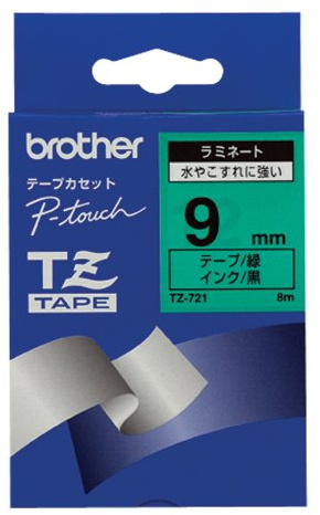 Brother TZ721 Schriftbandkassette 9mm 8m grün/schwarz für P-touch200/300/500 serie
