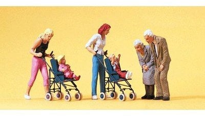 Preiser 1/87 Ème - PR10493 – Modelleisenbahn – Mutter Baby im Kinderwagen und große Eltern