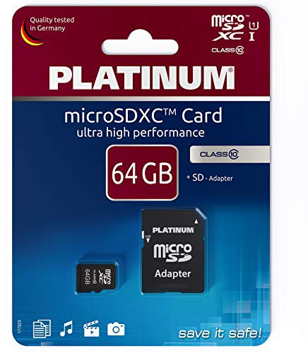 PLATINUM High Speed microSDXC Karte 64GB Class 10 UHS-I U1 Speicherkarte inkl. SD Adapter - Micro SD Karte für Smartphone, Tablet, Kamera 177323