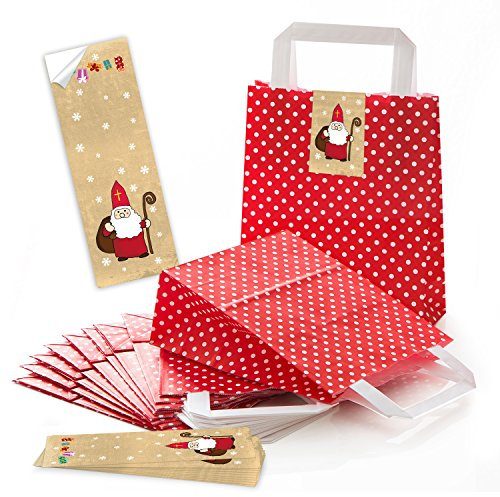 Logbuch-Verlag 10 rote Geschenktüten Nikolaus Weihnachten Geschenktasche mit Henkel Papier gepunktet Santa 18 x 8 x 22 cm