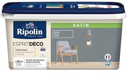 RIPOLIN - Peinture Intérieure Multi-Supports – Murs, Boiseries & Radiateurs – Ultra-Couvrante – Lessivable – Application Facile – Ecolabel - Satin - 2,5L - Gris Zinc