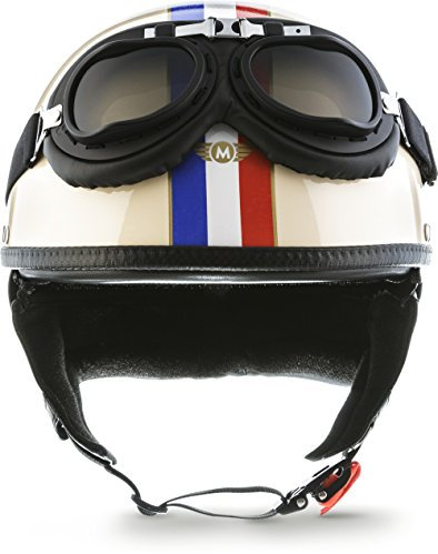 Moto Helmets® D22-Set „France“ · Brain-Cap · Halbschale Jet-Helm Motorrad-Helm Roller-Helm Scooter-Helm Bobber Mofa-Helm Chopper Retro Cruiser Vintage Pilot Biker Helmet Brille Visier · M (57-58cm)