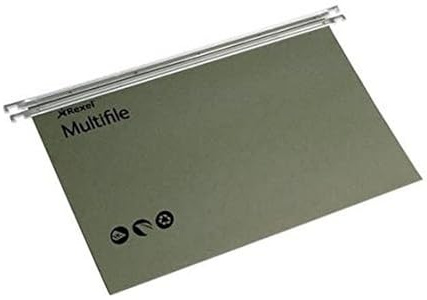 Rexel A4 Suspension Files with Tabs and Inserts for Filing Cabinets, 15 mm V-base, 100 Percent Recycled Manilla, Green, Multifile, Pack of 50, 78617