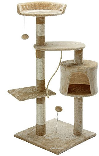 CADOCA® Kratzbaum 112 cm Beige mit Höhle + 3 Plattformen + 2 Spielbälle + 1 Spielseil Kratzstamm Katzenkratzbaum Katzenmöbel Katzenschlafplatz