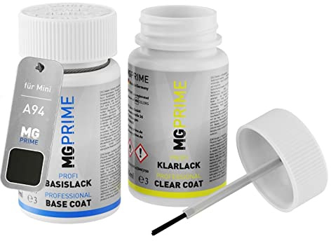 MG PRIME Peinture voiture Stylo retouche pour Mini A94 Midnight Black. +1K | Midnight Black Metallic, Kit peinture de base + vernis, flacons de peinture avec pinceau, 50ml chacun