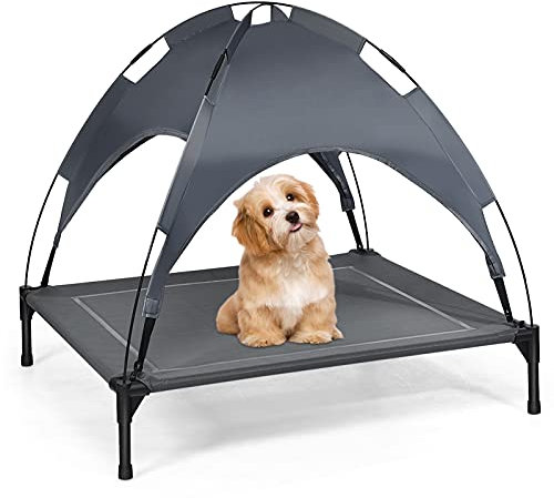 DREAMADE Lit Chien Surélevé, Lit pour Chien avec Toit, Panier Chien en Tissu Textilène pour Grands Chiens Jusqu'à 40 kg, Lit de Camp pour Chien Chat Intérieur& Extérieur (L)