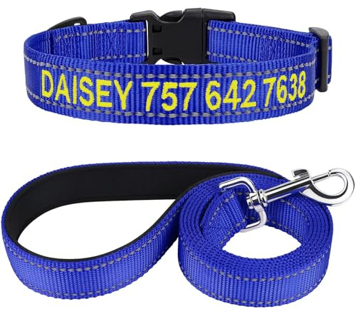 TagME Hundehalsband und Leine, Personalisierbar Reflektierendes Hundehalsband Mit 1.5M Doppelseitige Reflektierende Hundeleine für Kleine, Königsblau