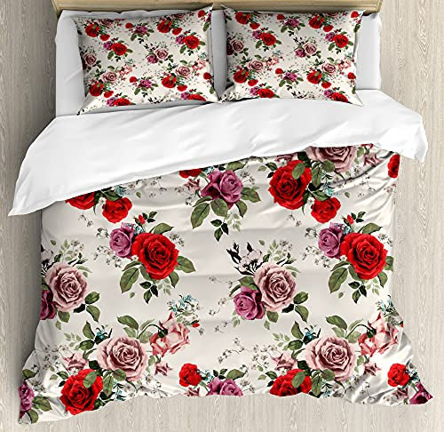 ABAKUHAUS English Garden Duvet Cover Set, Romantic Roses, Bedding Set 3 Pieces with 2 Pillow Shams, 230 x 220 cm - 70 x 50 cm, Champagne Multicolor