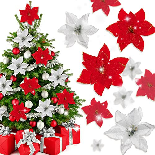 Whaline 40 künstliche Weihnachtssterne mit 40 Clips und 40 Stielen, rot, silberfarben, Weihnachtsblumen, Glitzer, Weihnachtsbaumschmuck, Weihnachten, Hochzeit, Party, Dekoration, Neujahr