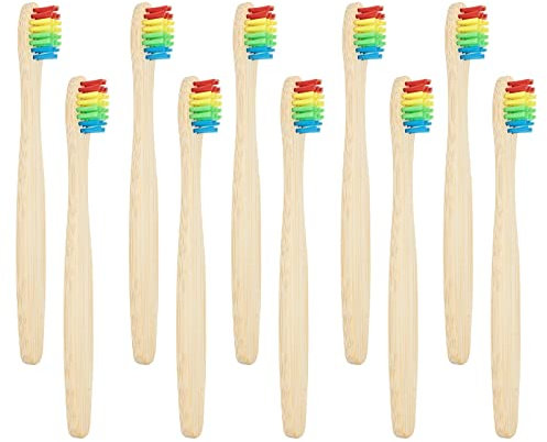 SEVENHEAD 10 Stück Bambus-Zahnbürsten, weiche Borsten, Holzzahnbürsten, natürlich, biologisch abbaubar, BPA-frei, umweltfreundlich, bunt