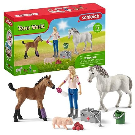 SCHLEICH Farm World 42486 Tierarztbesuch 9-Teiliges Bauernhof Spielset mit Ferkel, Stute und Fohlen - Detailgetreues, Langlebiges Bauernhof Spielzeug, Pädagogisches Tiere Set ab 3 Jahren