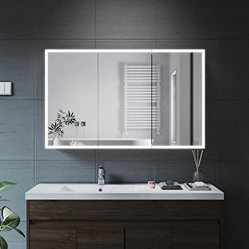 ELEGANT LED Illuminated Bathroom Mirror Cabinet with Bluetooth Speaker Triple Door 1050 x 650mm Wall Mounted Bathroom Cabinet Stainless Steel Modern Storage Cupboard with Shaver Socket