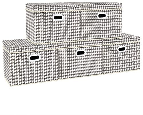 TYEERS Aufbewahrungsbox mit Deckel Groß, Muster, Stoff, Faltbare, Kisten Aufbewahrung mit Deckel, 44x30x29 cm, 5-Stück, Grau