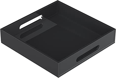 KOTEMON Acrylic Serving Tray with Handles-12x12x2.36Inch-Decorative Tray Letter Tray Organizer for Ottoman Coffee Table Countertop, Black