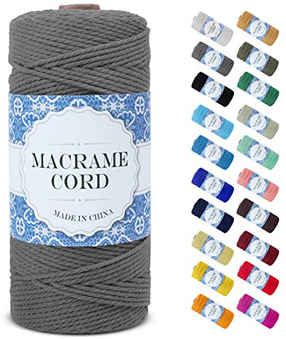 Uiopa Makramee Garn 2mm x 200m, Natürliche Baumwollgarn Baumwollkordel Farbig Baumwollschnur, Makramee-Garn Geflochten für DIY Basteln, Hängepflanze, Wandbehang, Weben Dekoration (Grau)