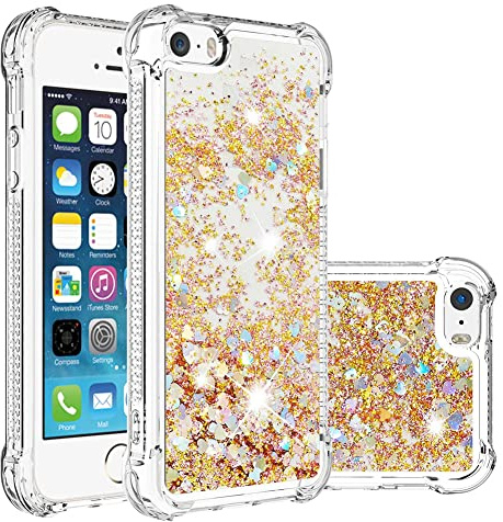 IMEIKONST Glitzer Hülle Kompatibel mit iPhone 5S, Handyhülle Flüssig Mädchen Treibsand Schuzhülle Glitzer klar Stoßfest TPU Bumper Silikon Case für iPhone 5 / 5S / SE. Love Gold YBW