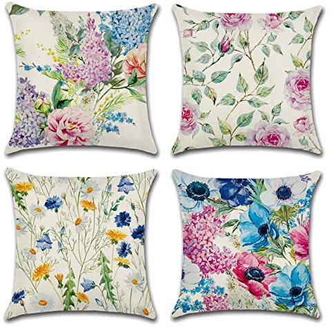 OCEUMACO Leinen Kissenbezug 50x50 Bunt Muster Kissenhülle 4er Set Quadratisch Dekokissen Sofakissen Bezug für Couch Sofa Natur Blumen Kissen Kissenbezüge Deko Zierkissen Couchkissen Outdoor