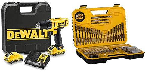 DEWALT DCD710D2-qw Trapano Avvitatore, 2 velocità, 2.0 Ah, con Doppia Batteria in Valigetta, 10.8 V, Giallo/Nero & DT71563-QZ Set Punte Trapano Combinazione 100 pezzi