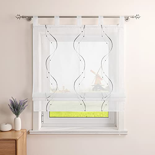 CORLIF Raffrollo mit Schlaufen Leinenoptik Raffgardine B60 x H140 cm,Grau | 1 Stück,Mit Stickerei,Transparent,Modern,Schlaufenrollo Landhausstil,Küche Rollo,Mit Wellenmuster,Kurz Fenster Schal