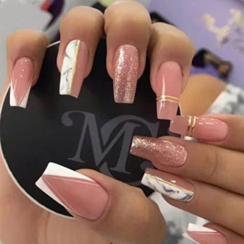 Handcess Coffin French Künstliche Nägel, mittelgroß, Nude, Pink, zum Aufdrücken, Glitzer, künstliche Nägel zum Aufkleben, für Damen und Mädchen, 24 Stück