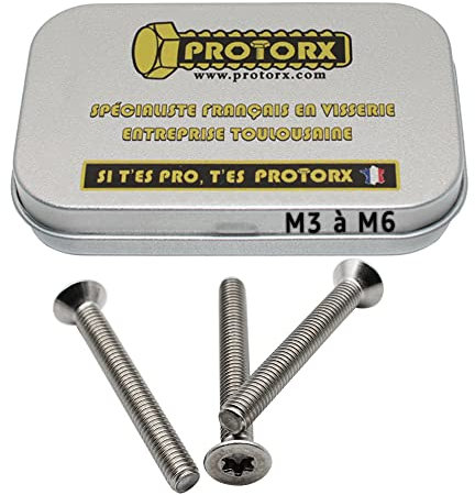 Vis Torx Tete Fraisee M6 x 50mm : Boite 10 Pcs pour Rondelles Metal Ecrou | Vis Inox Tete Fraisee Torx Acier A2 | Vis Tete Cylindrique Fraisee Anti-Rouille - DIN 965 | Boite Rangement Vis PROTORX