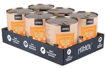 PRIMOX® Fleischmecker Hunde-Nassfutter | Getreidefrei | 70% Fleisch & Innereien | 100% Natürlich | Omega-3 für Haut & Fell | Gluten- & Laktosefrei (Geflügelherzen, 6x800 g)