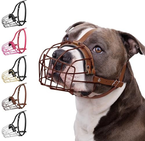 BRONZEDOG Maulkorb für Hunde aus Metall – Amstaff Drahtkorb mit verstellbaren Lederriemen für große Hunde