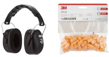 3M 90563E Orejeras plegables (94-105 dB) & Tapones para los oídos 1100C30, ligeros, de espuma suave y cómodos