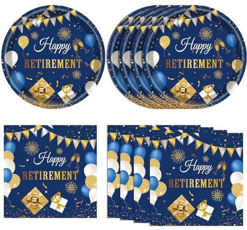 KHAIVI Retirement Party Supplies Retirement Tableware Party Decorations Blue Gold Disposable Retirement Plates and Napkins Sets Decorations Favors for Men Women