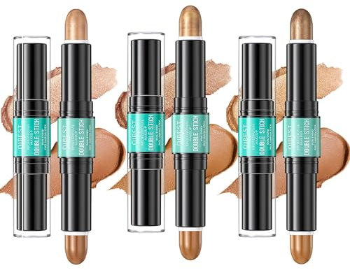 3 Pack Dual-Ended Contour & Highlighter Set, Highly Pigmented Makeup Set, Waterproof Long Lasting Bronzer Contour Wand, Shimmer Highlighters Stick Makeup Gift For Women (Set C)
