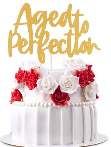 Aged to Perfection Cake Topper - Wine Lover's Birthday Decoration, Gold Glitter Wedding|Engagement|Anniversary|Retirement Party Decorations Supplies