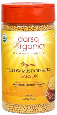 Darsa Organics Yellow Mustard Seed – 5.3oz USDA Organic, Non-GMO, Kosher, Gluten-Free – Perfect for Pickling, Cooking, Sauces, Curries, Marinades, and Flavoring with Authentic Indian Spice