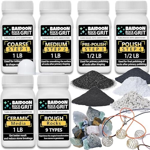 BAIDOON 6 in 1 Rock Tumbler Media Kit - 4 Step Bulk Grit, 1 Ceramic Refill Media, 9 Types Unpolished Rocks, Ultimate Rock Polishing Supplies Kit, Compatible with Rocks, Gemstones, Glass