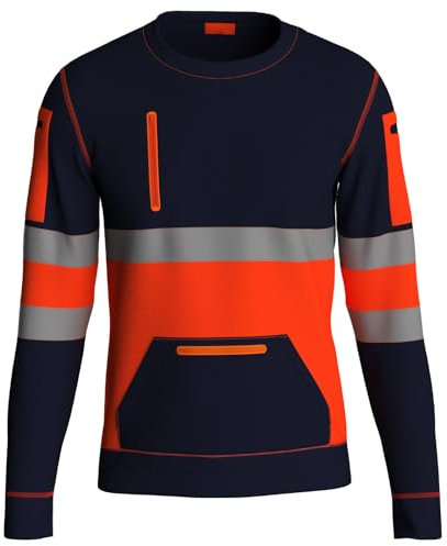 NOROZE High Visibility Long Sleeve Hi Vis Jumper - Crew Neck Fleece Hi Viz Sweatshirt Reflective Tape Safety - Mens Security Workwear Tshirt Top NVY-Org/XL