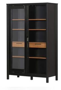 Memomad Vitrinenschrank SoHo - Schwarz und Eiche | Moderner Vitrinenschrank mit 4 Einlegeböden & 2 Schubladen | Massivholz & Sicherheitsglas | 100x160x45 cm​