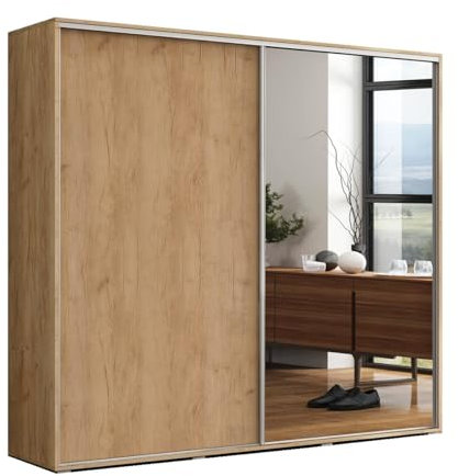BM-Möbel Großer Kleiderschrank mit Schiebetür und Spiegel - mit Einlegeböden und Kleiderstange - für Garderobe, Schlafzimmer - Craft Gold - 230 X 62 X 215 cm (B/T/H)