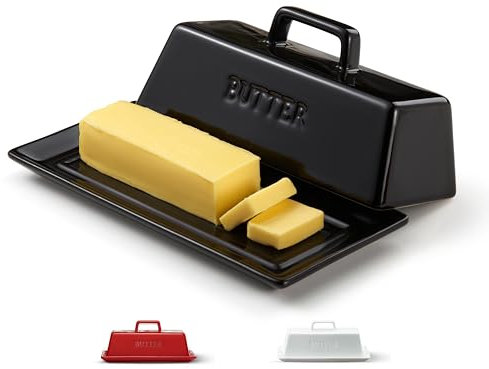 Butter Dish with Lid for Countertop, by Kook, Ceramic Dish Tray with Cover, Kitchen Keeper, Container, Holder, Holds 1 Stick, Microwave and Dishwasher Safe, Black