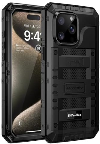 seacosmo iPhone 15 Pro Max Case, IP68 Waterproof Shockproof Tough Armour Heavy Duty Metal Cover with Built-in Screen Protector, Full Body Sealed Protective Case for iPhone 15 Pro Max - Black