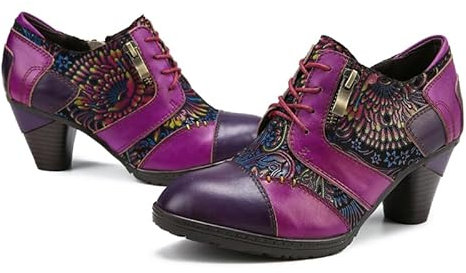 CrazycatZ Damen Leder Schuhe mit Absatz Vintage Bunte Schuhe Pumps Patchwork (Hot Pink B, Erwachsene, Damen, 38, Numerisch, EU Schuhgrößensystem, M)