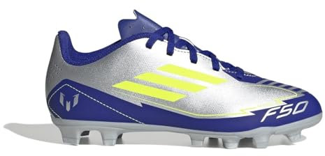 adidas Unisex Kids F50 Club Football Boots FG/MG, Silver met./Solar Yellow/Lucid Blue, 5.5 UK